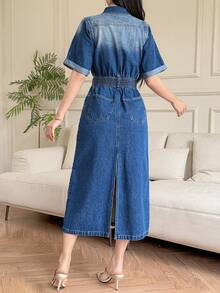 DAZY Women's Casual Washed Denim Dress With Asymmetric Faux Pockets And Collar, Summer - Blue - View 2