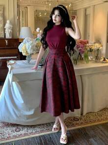 DAZY 女士优雅高领无袖上衣和A字印花半裙两件套，夏季婚礼宾客礼服 - 酒紅色 - 查看 5