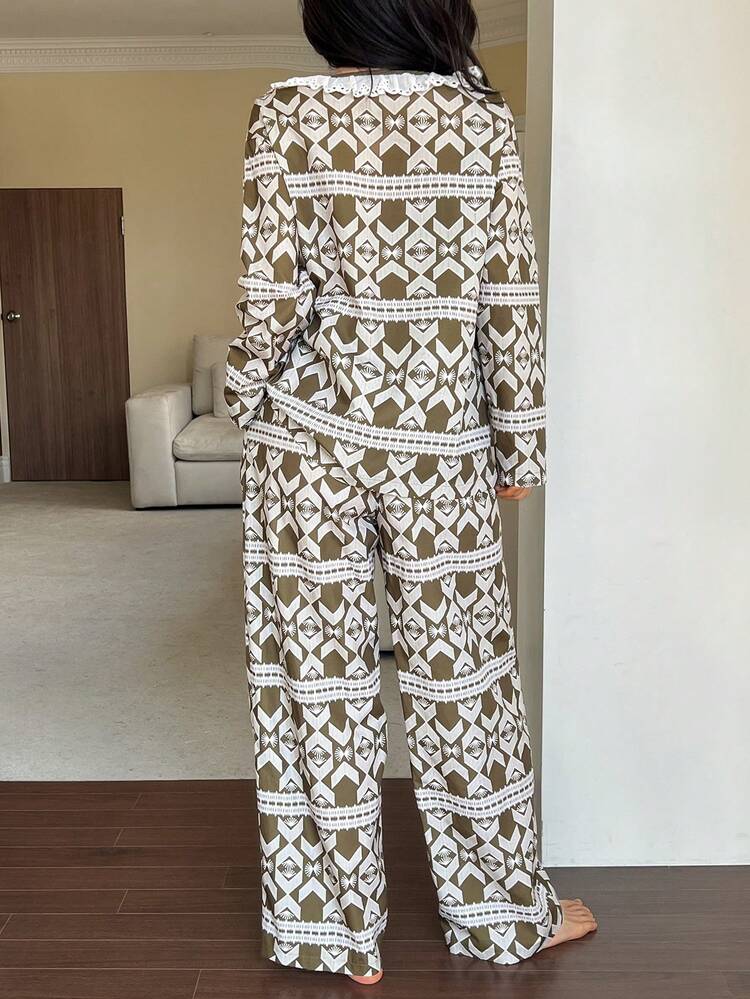 Geometric Pattern All-Over Print Ruffle Trim Loose Women Pajama Set