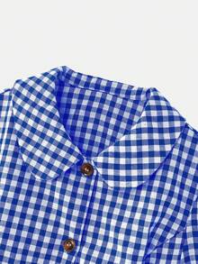 lacRébo Green Gingham Button-Up Short-Sleeve Jacket With Rounded Collar Cute Vintage Style - Blue and White - View 9
