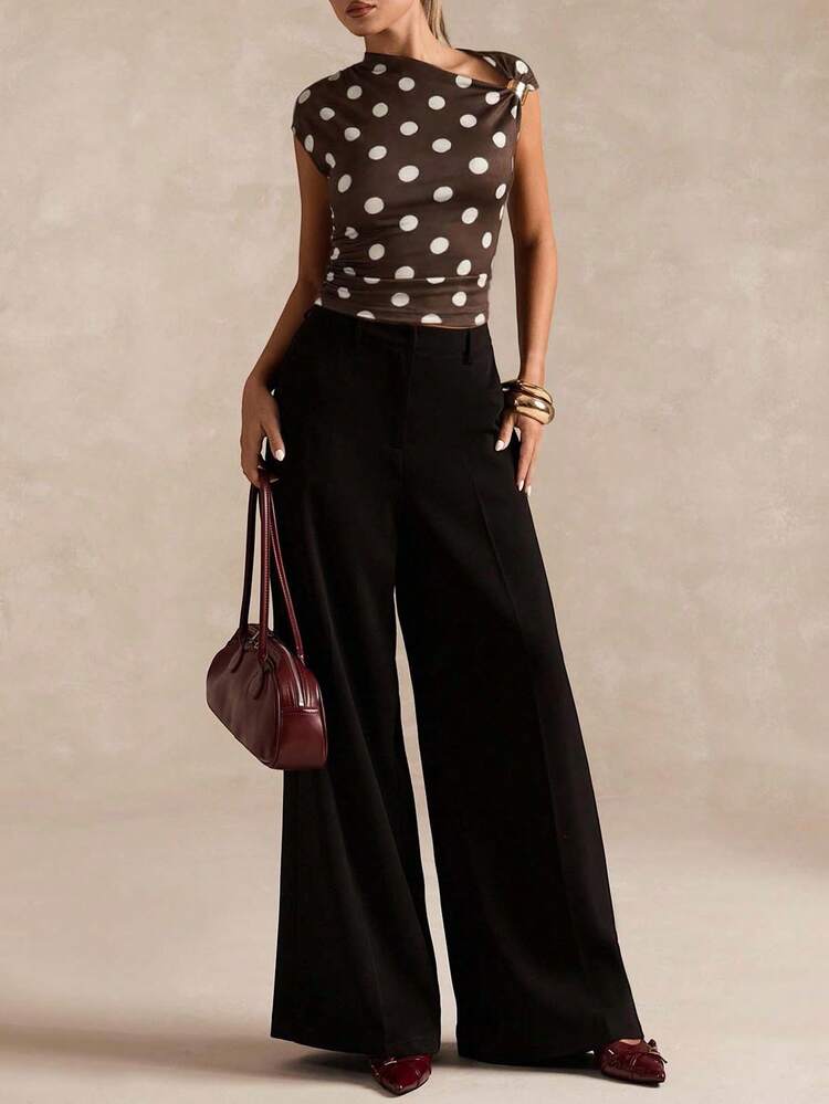 SHEIN BAE Áo kiểu nữ phối màu chấm bi, thích hợp mặc mùa hè. - màu nâu - Xem 3