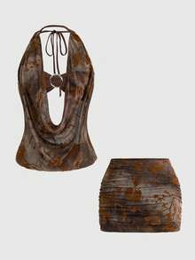 ROMWE Hippie 女士复古性感扎染印花吊带背心和褶皱迷你裙两件套 - 咖啡棕 - 查看 1