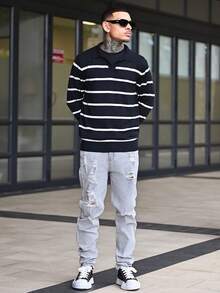 Devon Thys 男士长袖条纹飞机领针织毛衣，秋冬，垃圾摇滚风格 - 黑色 - 查看 6