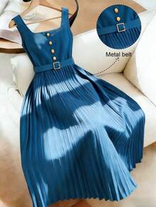 SHEIN Franclia 优雅方领无袖系带A字型长款连衣裙，饰有纽扣，靛蓝色花卉印花，适合通勤，春夏百搭 - 藍色 - 查看 9