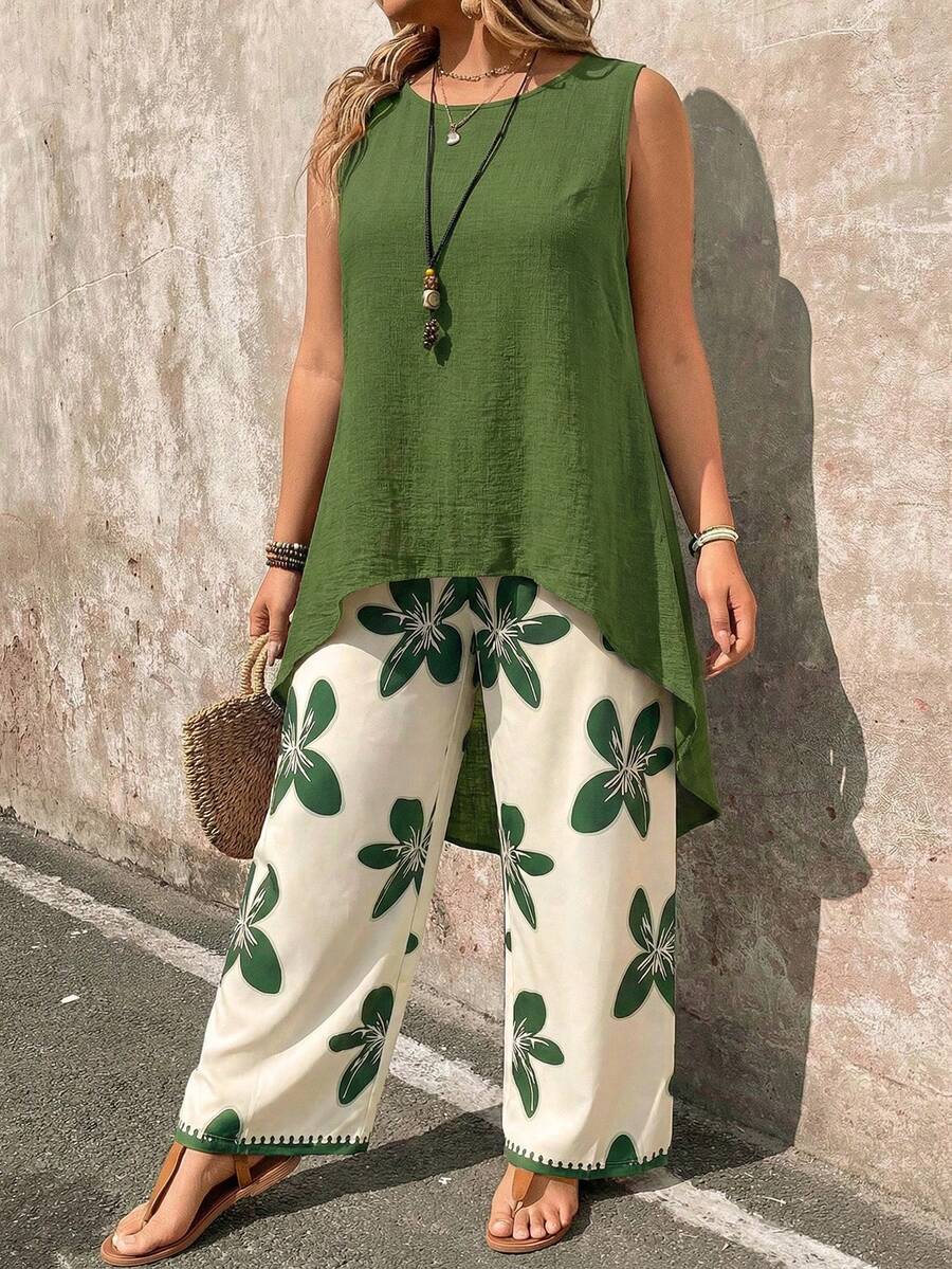 EMERY ROSE Plus Size 2 Pieces Set: Paisley Print Sleeveless Top And Wide Leg Pants - Army Green - View 1