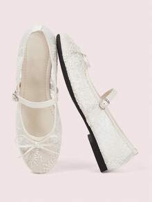 CUCCOO DOLLMOD Flat Bottom Round Toe Ballet Girl Mesh Lace Mary Jane Shoes - Apricot - View 2