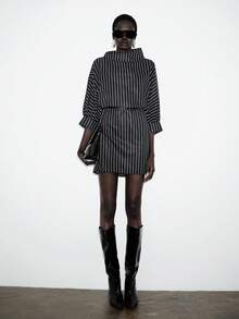 Lumivelle 黑白竖条纹女士短款连衣裙，宽松H型立领蝙蝠袖设计，时尚简约休闲显瘦通勤连衣裙 - 黑與白 - 查看 5