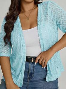 Comfylo 大码休闲纯色开襟短袖针织衫，夏季 - 淺藍色 - 查看 5