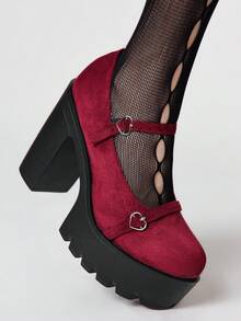 ROMWE Kawaii 女士高跟鞋，暗黑摇滚朋克哥特风，闭趾玛丽珍小号皮鞋，粗跟，搭扣设计，Y2K风格，适合正装、通勤和工作场合。 - 酒紅布面 - 查看 3