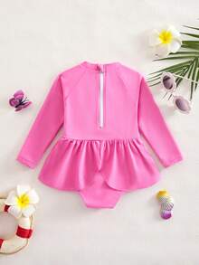 SHEIN Baby Girls' Beachwear One-Piece Swimsuit, Pink Butterfly Print, Long Sleeve, UPF Protection, Zipper Back, Suitable For Swimming, Beach, Pool, Summer Vacation - Pink - View 3