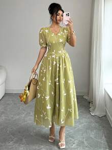 Modelyn 女士优雅刺绣叶子V领短花瓣袖中长连衣裙，春夏款 - 綠色 - 查看 8