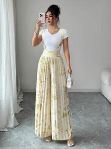 Elenzga Women's Pleated Metallic Casual Versatile Wide Leg Pants For Daily Wear - Apricot - View 1