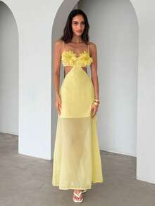 Aloruh Women's Solid Yellow 3D Floral Strap Dress, Spring/Summer - Yellow - View 7