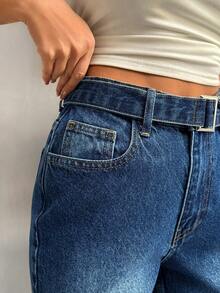 EURMUSE Jeans de cintura alta rectos con detalle de cinturón - Azul lavado medio - Ver 7