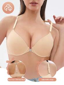 1pc Comfortable Front-Closure Lift & Support Bra, Minimizes Sagging, Enhances Bust, Adjustable Underwire Bra - Beige - View 5