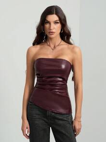 SHEIN Tall 纯色褶皱时尚夏季修身抹胸上衣 - 中紫紅色 - 查看 5