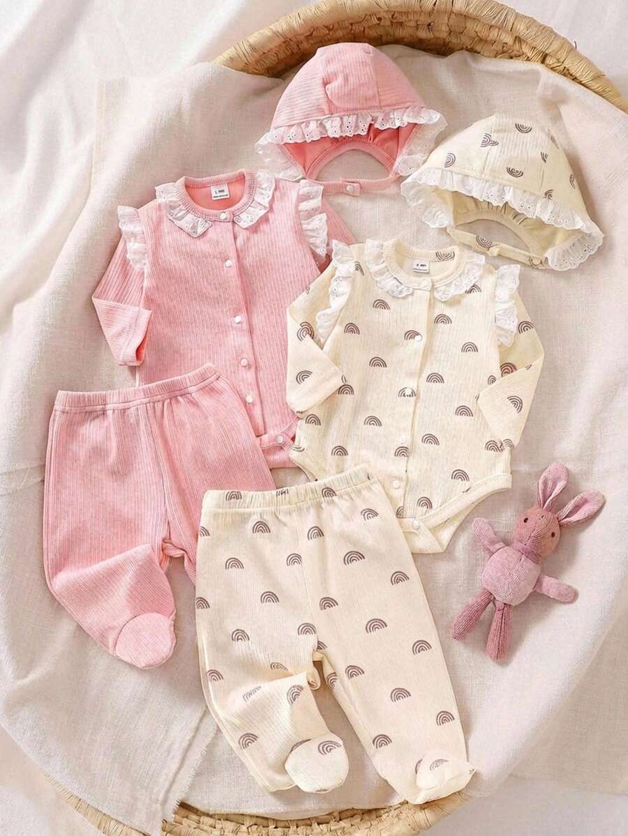 SHEIN 6件套婴儿服装套装，可爱荷叶边领印花连体衣，萌娃户外服装套装，新生儿中性服装，新生儿双胞胎服装，男女通用春季新生儿服装，男女通用新生儿服装，新生女婴服装