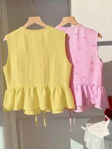 Comfortcana 2件装 女士夏季休闲度假日常通勤纯色条纹蝴蝶印花打结前襟无袖荷叶边下摆上衣 - 彩色 - 查看 2