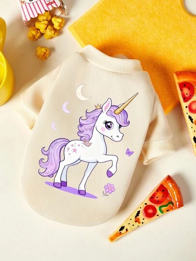 PETSIN 1 Piece Cute Purple Unicorn Print Pet Beige Thick Warm Pet Without Hat Clothes
