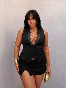 Rustia 大码无袖深V领花卉拼接开襟优雅简约性感度假派对日常穿着女式西装外套 - 黑色 - 查看 8