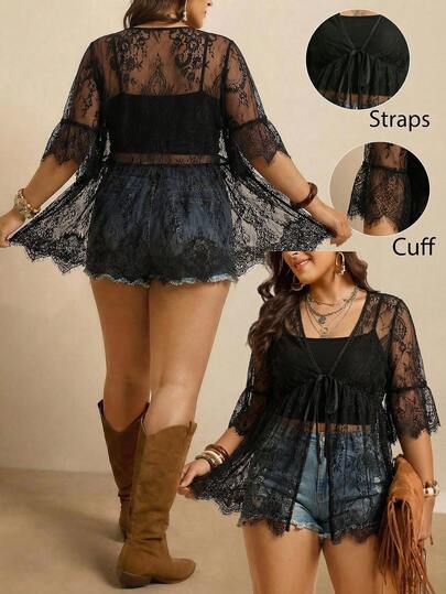Freevana Plus-Sized Women Open Front Lace Kimono Without Camisole Summer  Plus Size Black Casual Beach Kimono For Plus-Size Ladies, Summer Vacation Beach Sun Protection Blouse Ladies' Kimono Fringe Trim Dolman Sleeve Lace Kimono Summer Sun Protection Plus Size Black  Kimono 7-Point Trumpet Sleeve Kimono Front Center Tie Design Fall School Old Money Style Women Travel Airport Waist-Slimming Tops Plus Size Beach Kimono Casual Daily Wear Simple & Fashionable Kimono Elegant Daily Party Event Ins Blogger For Daily Wear Women Boho/Bohemian Tops Women N Beachwear For Summer Beach Vacation Kimono