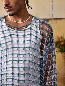 ROMWE MEN Street Life Men's Round Neck Fishnet Hollow Casual Versatile Daily Knit Long Sleeve Top - Multicolor - View 2