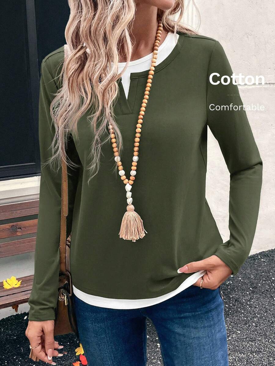 EMERY ROSE 女士撞色二合一简约日常穿着圆领长袖T恤 - 綠色 - 查看 1