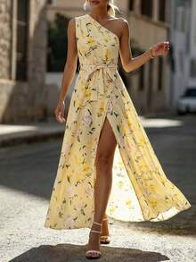 Balvessa Women's Fashion Asymmetric Neck Ruched A-Line Elegant Printed Pleated Split Dress, Suitable For Spring And Summer - Multicolor - View 3