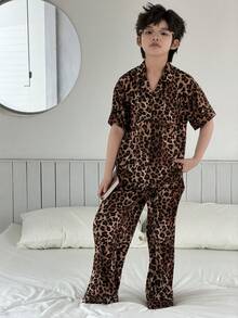 DAZY Tween Boy Leopard Print Single-Breasted Short Sleeve Top And Wide Leg Pants Casual Loungewear Pajama Set - Brown - View 4