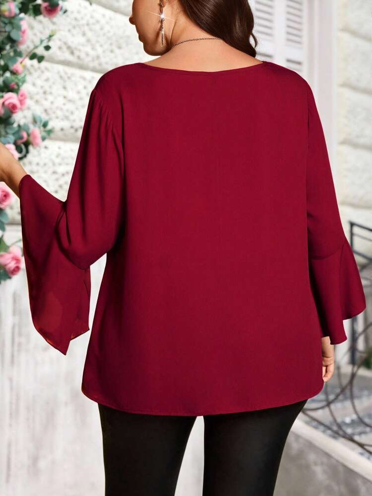 Blusa elegante de manga acampanada y cuello redondo, suelta y elegante, para mujer talla grande, color vino tinto, burdeos, rojo oscuro, para uso casual y de fiesta, simple y de moda para uso diario, invierno, Navidad, Año Nuevo, citas