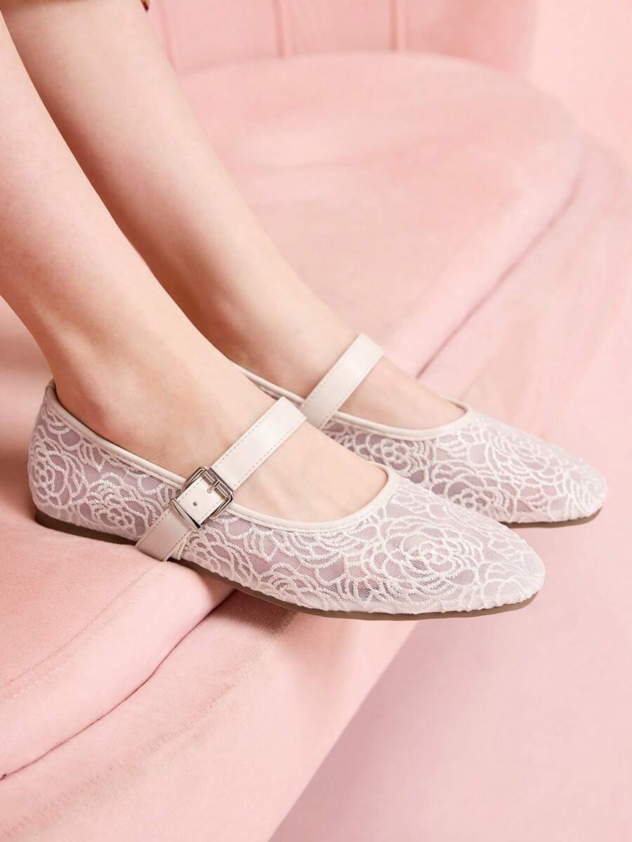 CUCCOO DOLLMOD Women's Shoes Mesh Embroidery Decorative Flat Bottom Mary Jane - off-white - View 1