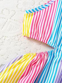 SHEIN Explorewe Young Girl' Multicolor Rainbow Striped Snug Fit Waist Strap Dress, Suitable For Daily Outings, Beach, Vacation - Multicolor - View 5