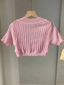 SHEIN EZwear Women's Cute Casual Light Pink Short Sleeve Cropped Knit Cardigan, Spring/Summer - Baby Pink - View 2