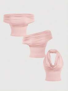 SHEIN MOD Bộ 3 áo hai dây nữ màu trơn xếp ly, đa năng, thanh lịch, thời trang cho mùa hè. - Bụi hồng - Xem 5