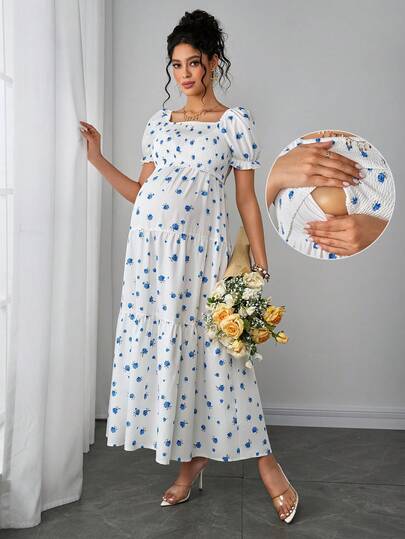 Momance Nursing Dress With Frill Trim, Short Sleeve Square Neck, Double Layer Design, Gathered Hem, Multi-Tier Cake Skirt, Digital Print Dress