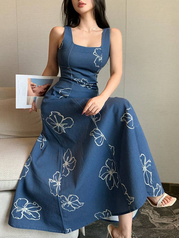 Women's Elegant Floral Print Sleeveless Square Neck Denim Dress, Summer,Wedding Guest Dress Women