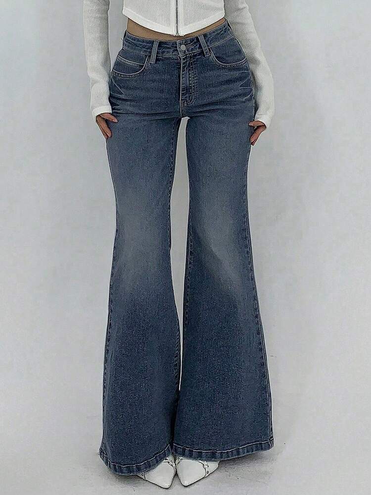 Women Retro Flared Jeans With Pockets, Versatile Casual Denim Pants