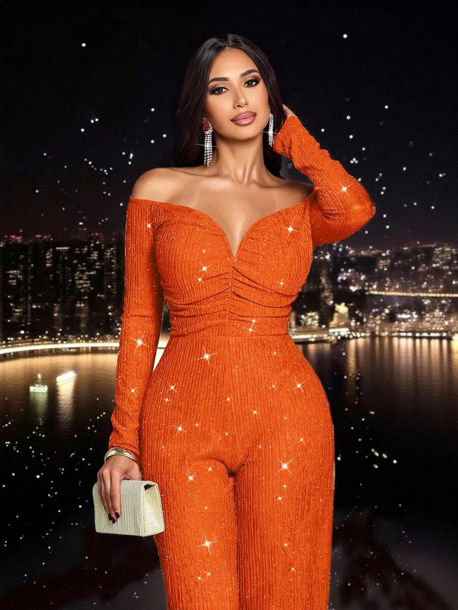 SOLERSUN 女士时尚优雅V领露肩长袖派对夜店闪亮面料连体裤，适合圣诞派对、情人节约会等场合 - 橘色 - 查看 1