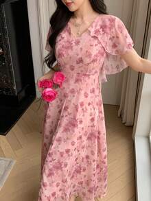 DAZY Women's Elegant Floral V-Neck Ruffle Sleeve Mid-Length Dress, Summer,Wedding Guest Dress Women Sundress Boho Vacation Outfits Women - Pink - View 3