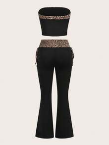 Slaydiva 2026春夏休闲街头风修身黑色豹纹抹胸上衣搭配豹纹抽绳喇叭裤两件套。适合日常穿着、派对、返校、约会、下午茶、度假、情人节、早午餐、机场穿搭、休闲、运动、婚礼宾客等场合。-B - 黑色 - 查看 9