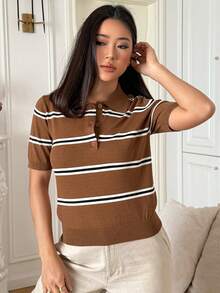 DAZY 女士条纹印花半拉链套头短袖针织衫 - 咖啡棕 - 查看 9