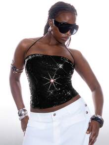 LYSMO Plus Size Women's Sequin Camisole Top, Party Style Women's Corset Rhinestone Tops Bling Top - Black - View 3