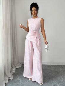 Elenzga Women's Pink Round Neck Sleeveless Pleated Split Asymmetrical Hem Camisole & High Waist Wide Leg Pants Set, Elastic Cinched Waist Design, Fashionable, Elegant, Youthful - Pink - View 3