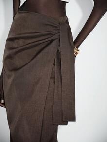Lumivelle Women's Elegant Dark Coffee Solid A-Line High Waist Slit Tie Ruched Asymmetric Skirt, Suitable For Vacation - Brown - View 7