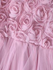 3D立体花卉贴花A字中长伴娘礼服，青少年花童礼服，A字廓形，中长款，饰以花卉贴花和薄纱网纱，适合婚礼、生日派对、庆典和演出等场合。 - 粉色 - 查看 3