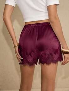 Poéselle 女士优雅纯色蕾丝拼接短裤，夏季 - 酒紅色 - 查看 7