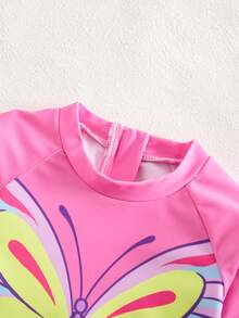 SHEIN Baby Girls' Beachwear One-Piece Swimsuit, Pink Butterfly Print, Long Sleeve, UPF Protection, Zipper Back, Suitable For Swimming, Beach, Pool, Summer Vacation - Pink - View 4