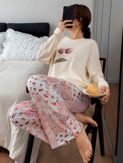 DAZY 2pcs Floral Pattern Loose Long Sleeve & Long Pants Pajama Set For Women, Autumn