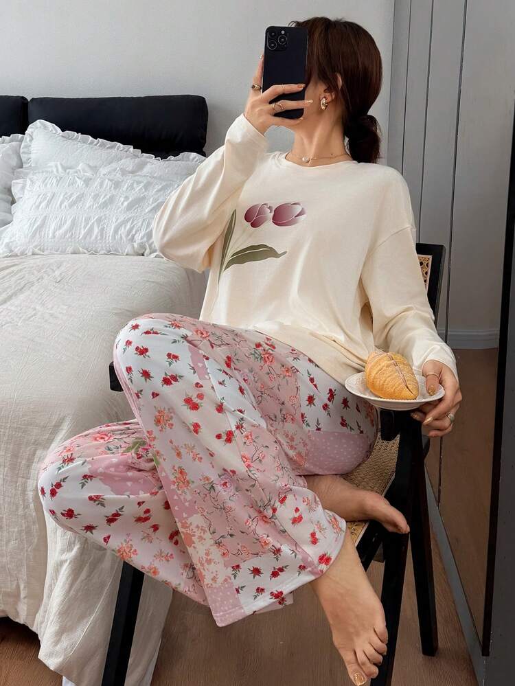 2pcs Floral Pattern Loose Long Sleeve & Long Pants Pajama Set For Women, Autumn