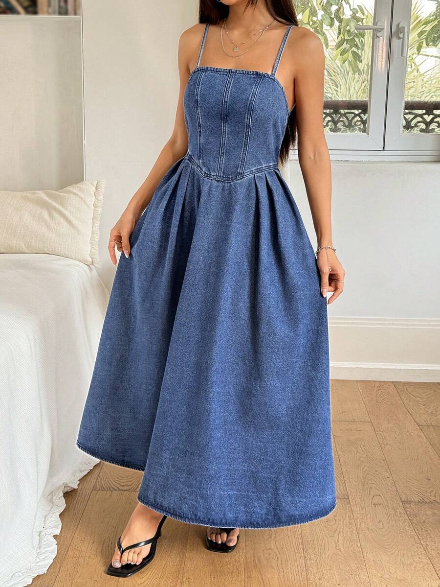Rivivi 夏季女士休闲收腰牛仔吊带连衣裙 - 藍色 - 查看 1